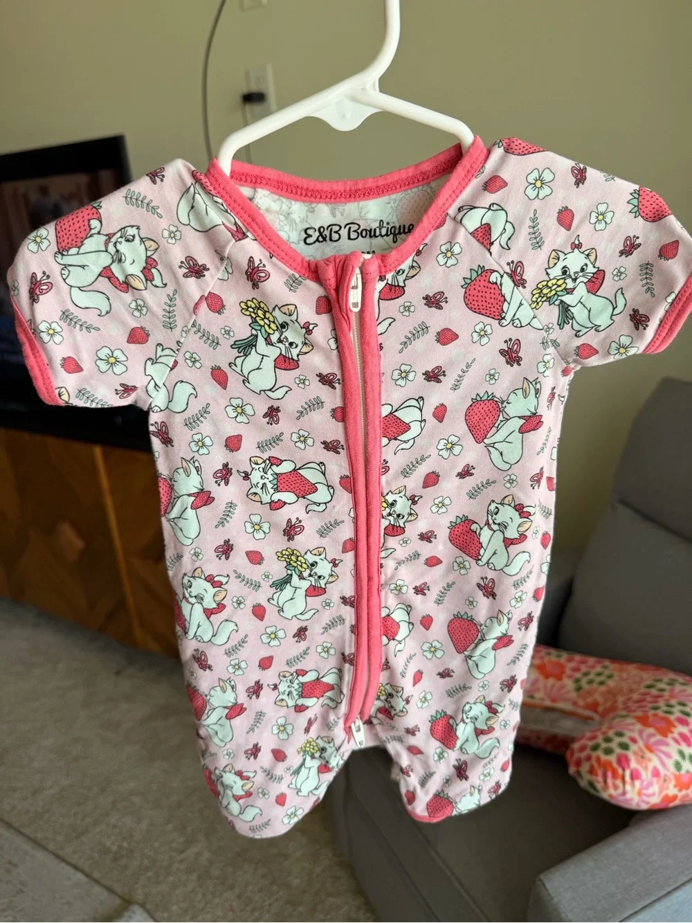 Pink Strawberry Aristocats Short-Sleeve One-Piece for Kids